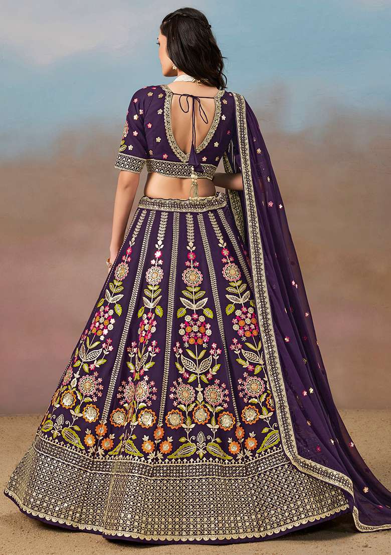 Purple Embroidery Georgette Lehenga Set for Diwali and Festive Wear - Indya