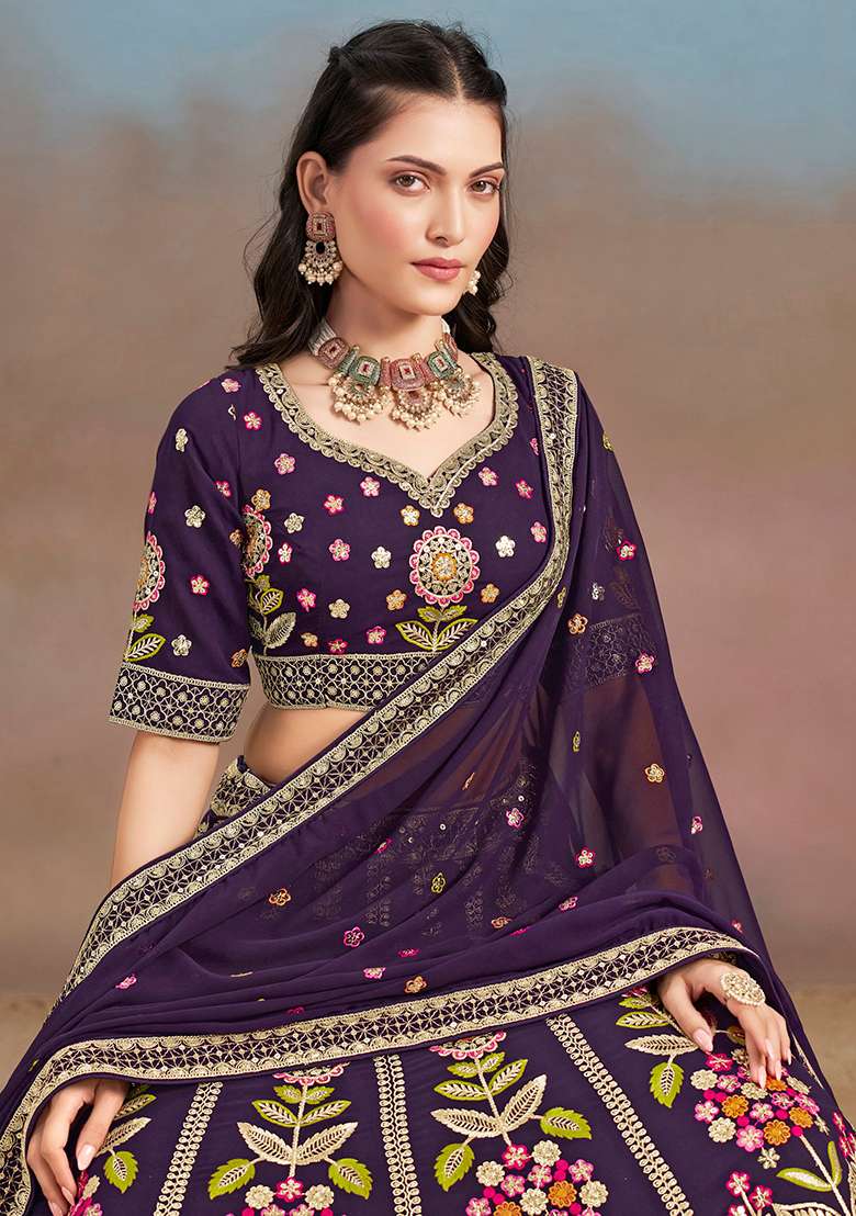 Purple Embroidery Georgette Lehenga Set for Diwali and Festive Wear - Indya