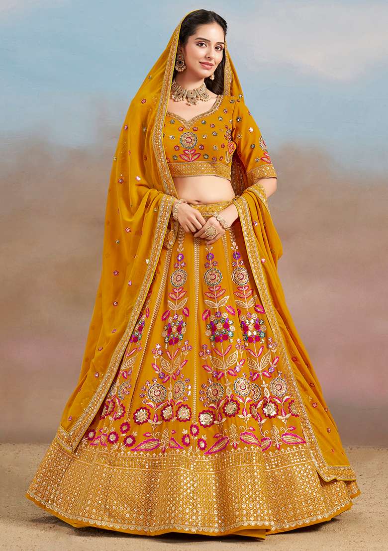 Yellow Embroidery Georgette Lehenga Set for Diwali and Festive Wear - Indya