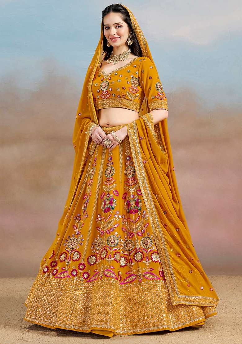 Yellow Embroidery Georgette Lehenga Set for Diwali and Festive Wear - Indya
