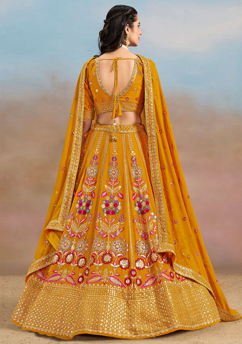 Yellow Embroidery Georgette Lehenga Set for Diwali and Festive Wear - Indya