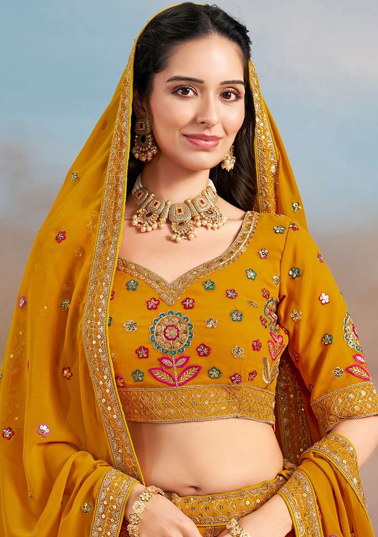 Yellow Embroidery Georgette Lehenga Set for Diwali and Festive Wear - Indya