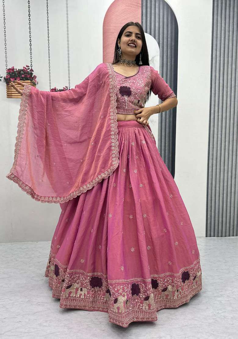 Pink Shimmer Lehenga Set with Embroidery for Diwali | Wedding & Festive Wear - Indya
