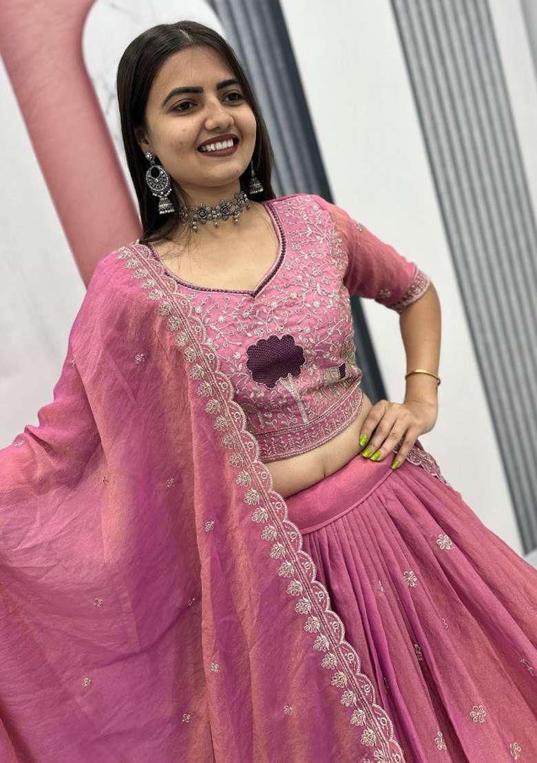 Pink Shimmer Lehenga Set with Embroidery for Diwali | Wedding & Festive Wear - Indya
