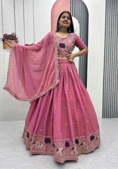 Pink Embroidery Shimmer Lehenga Set
