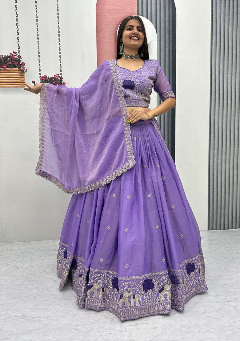 Lavender Shimmer Lehenga Set with Embroidery for Diwali | Wedding & Festive Wear - Indya