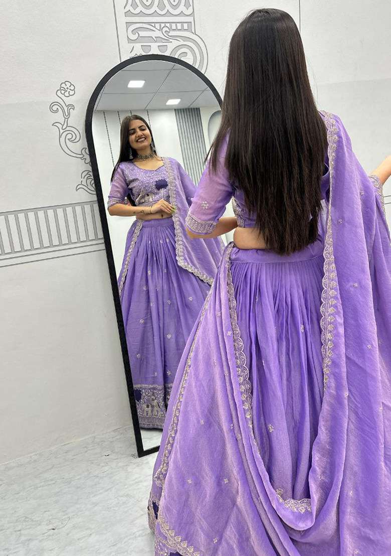 Lavender Shimmer Lehenga Set with Embroidery for Diwali | Wedding & Festive Wear - Indya