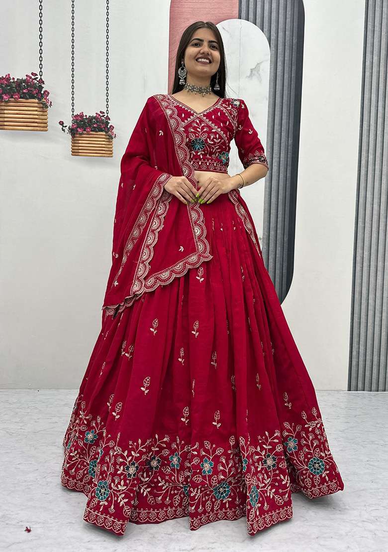 Red Silk Blend Lehenga Set with Embroidery for Diwali | Wedding & Festive Wear - Indya
