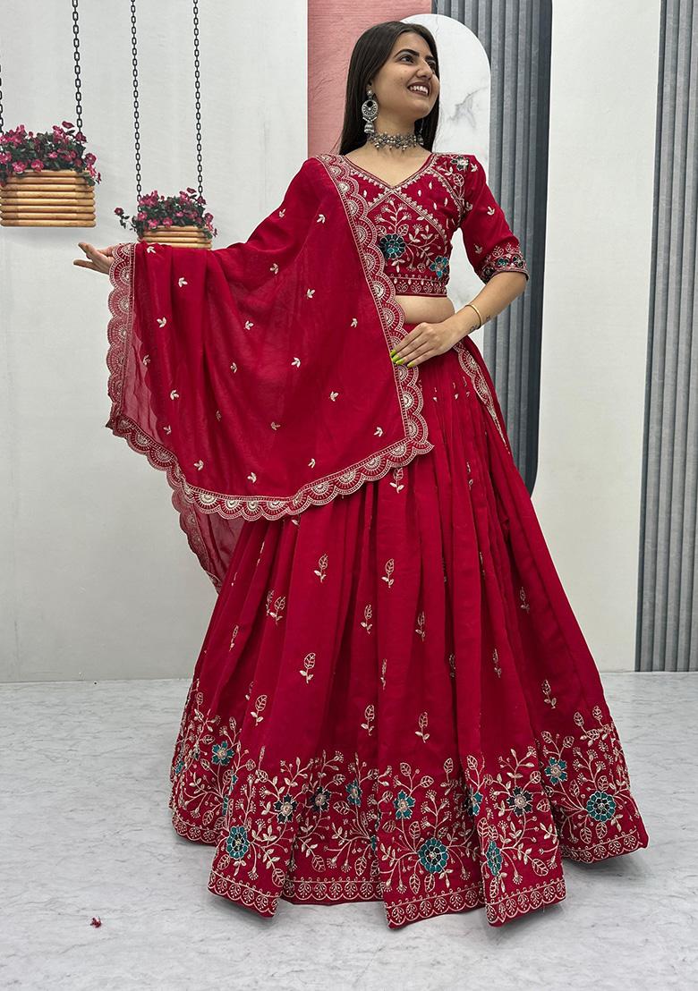 Red Embroidery Silk Lehenga Set - Indya