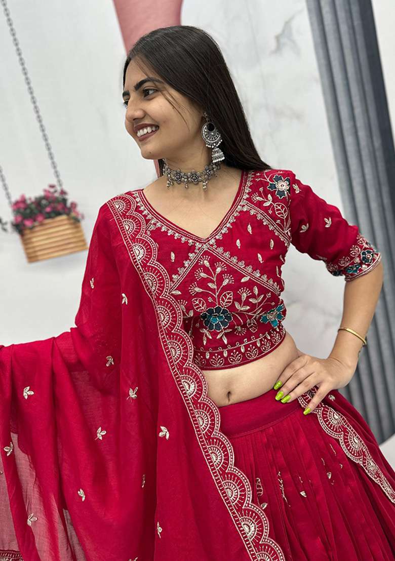 Red Silk Blend Lehenga Set with Embroidery for Diwali | Wedding & Festive Wear - Indya