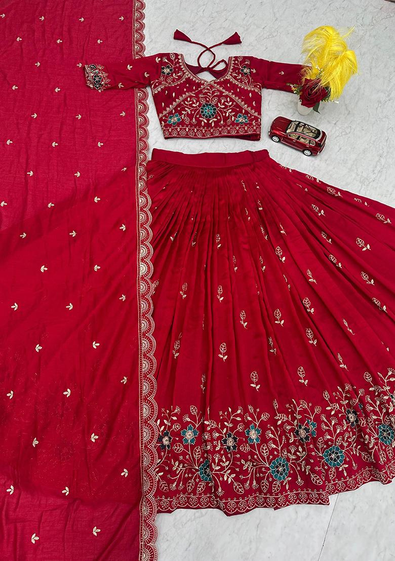 Red Embroidery Silk Lehenga Set - Indya