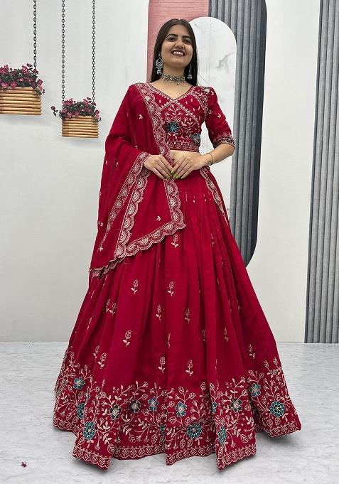 Red Embroidery Silk Lehenga Set