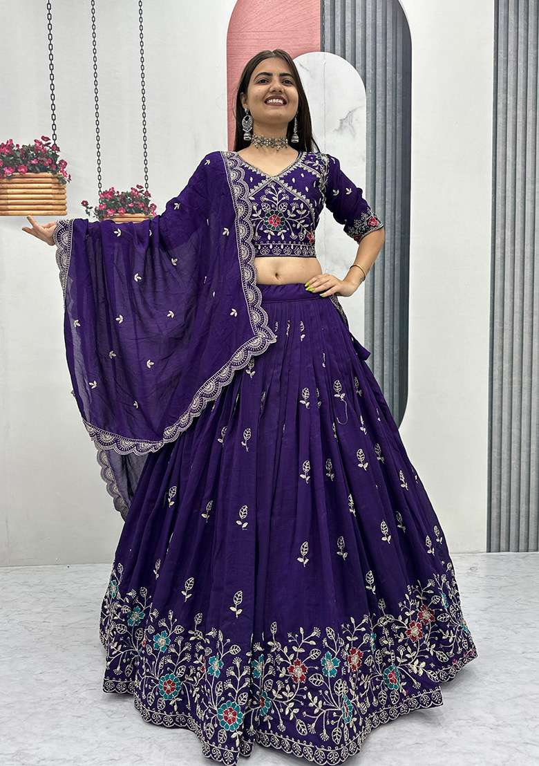 Purple Silk Blend Lehenga Set with Embroidery for Diwali | Wedding & Festive Wear - Indya