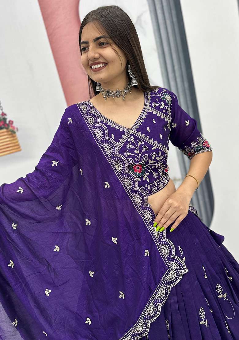 Purple Silk Blend Lehenga Set with Embroidery for Diwali | Wedding & Festive Wear - Indya