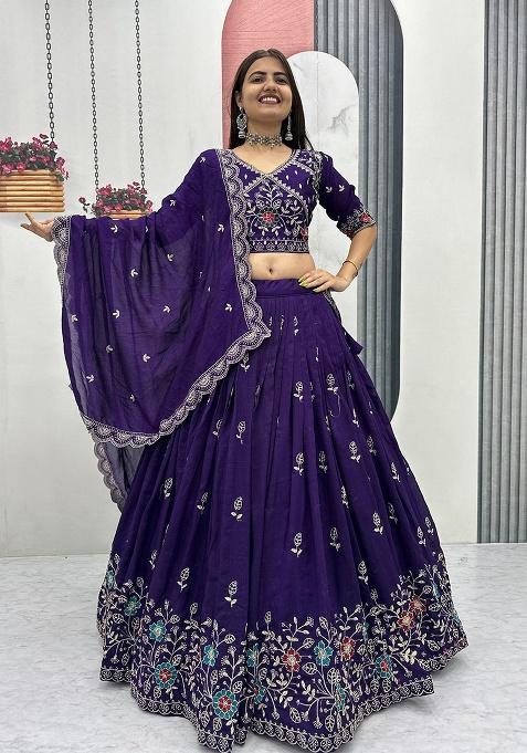 Purple Embroidery Silk Lehenga Set