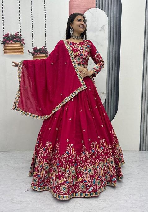 Pink Embroidery Vichitra Lehenga Set