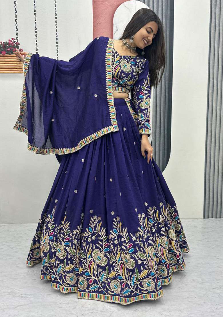 Purple Embroidery Vichitra Lehenga Set for Diwali and Festive Wear - Indya