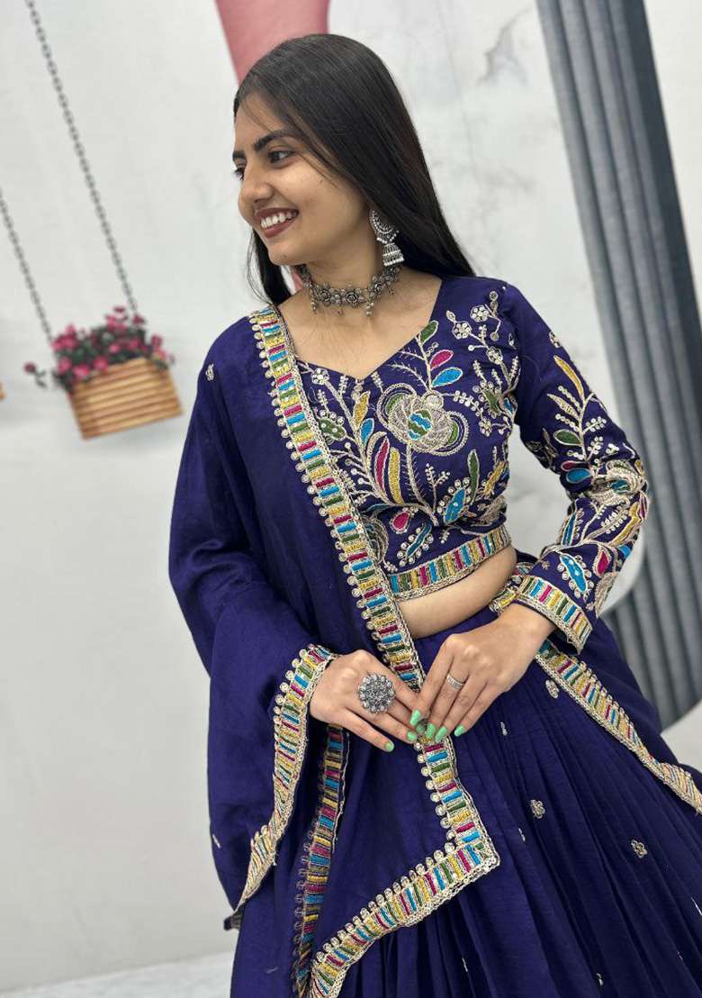 Purple Embroidery Vichitra Lehenga Set for Diwali and Festive Wear - Indya