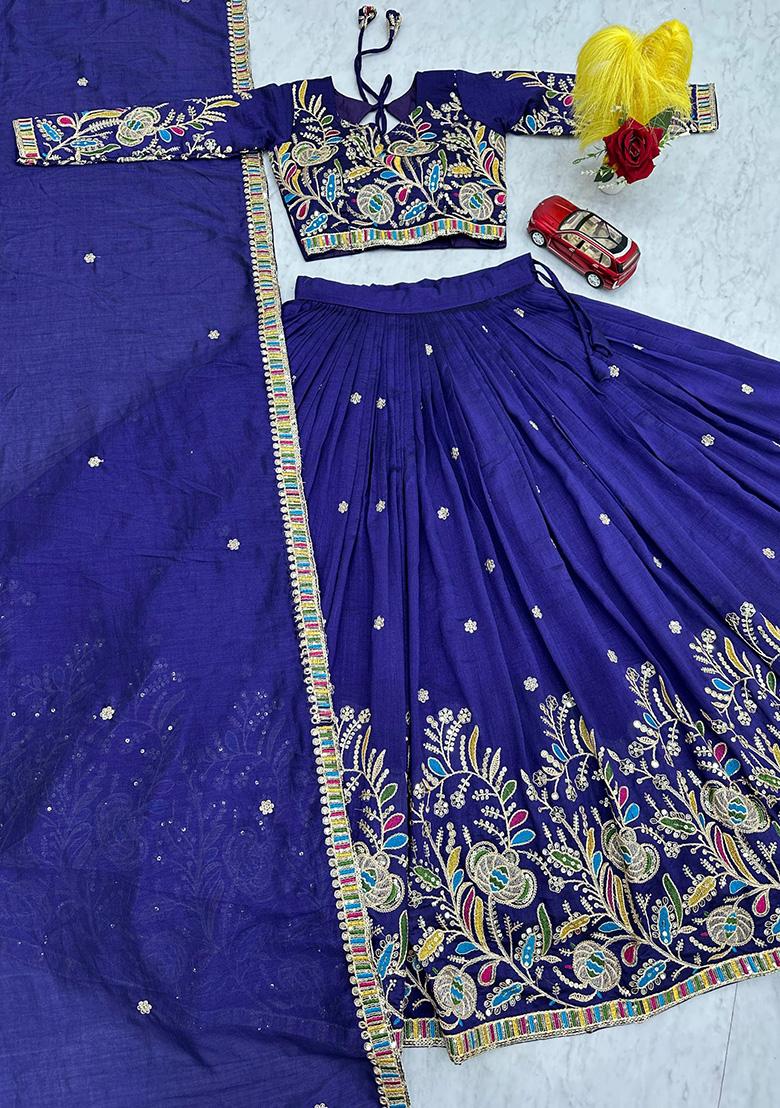 Purple Embroidery Vichitra Lehenga Set - Indya