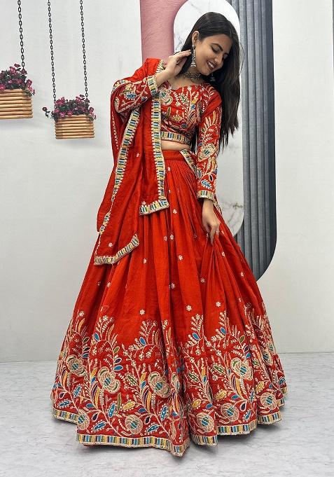 Rust Embroidery Vichitra Lehenga Set
