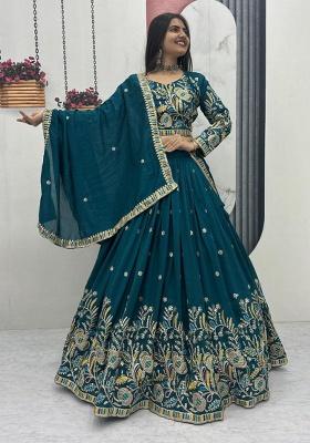 Teal Embroidery Vichitra Lehenga Set