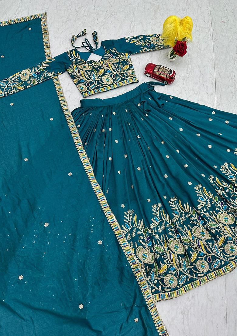 Teal Embroidery Vichitra Lehenga Set - Indya