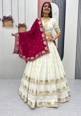 White Embroidery Chinon Lehenga Set