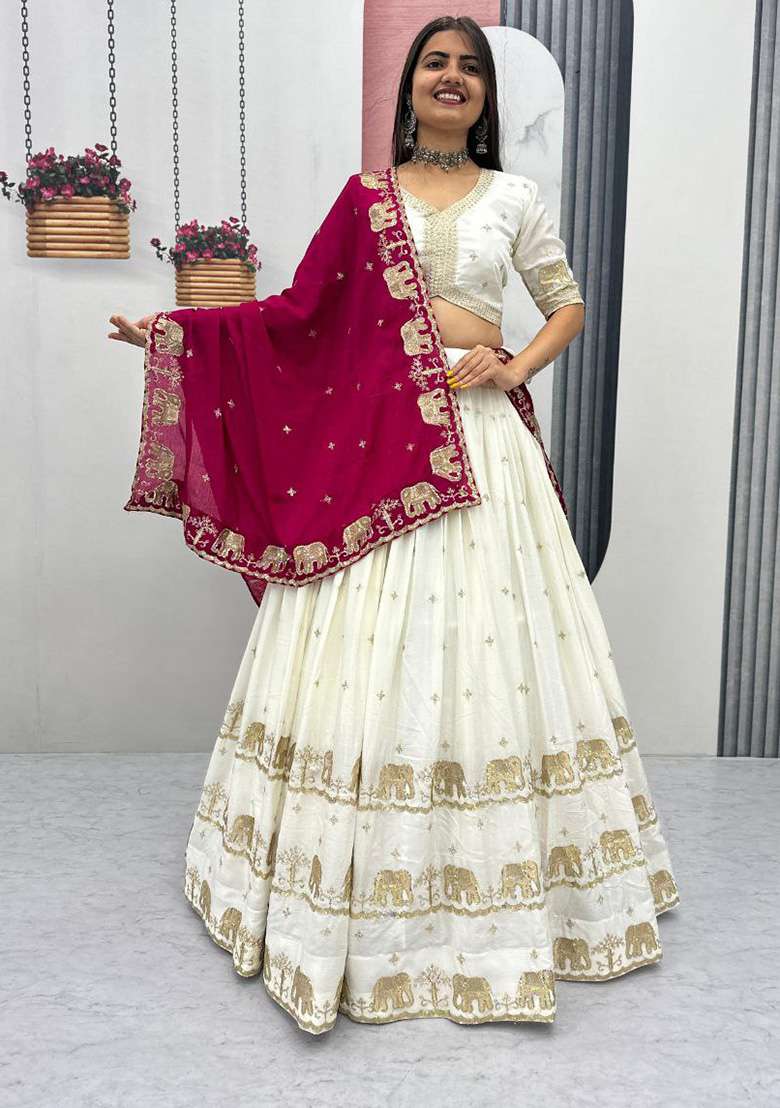 White Embroidery Chinon Lehenga Set for Diwali and Festive Wear - Indya