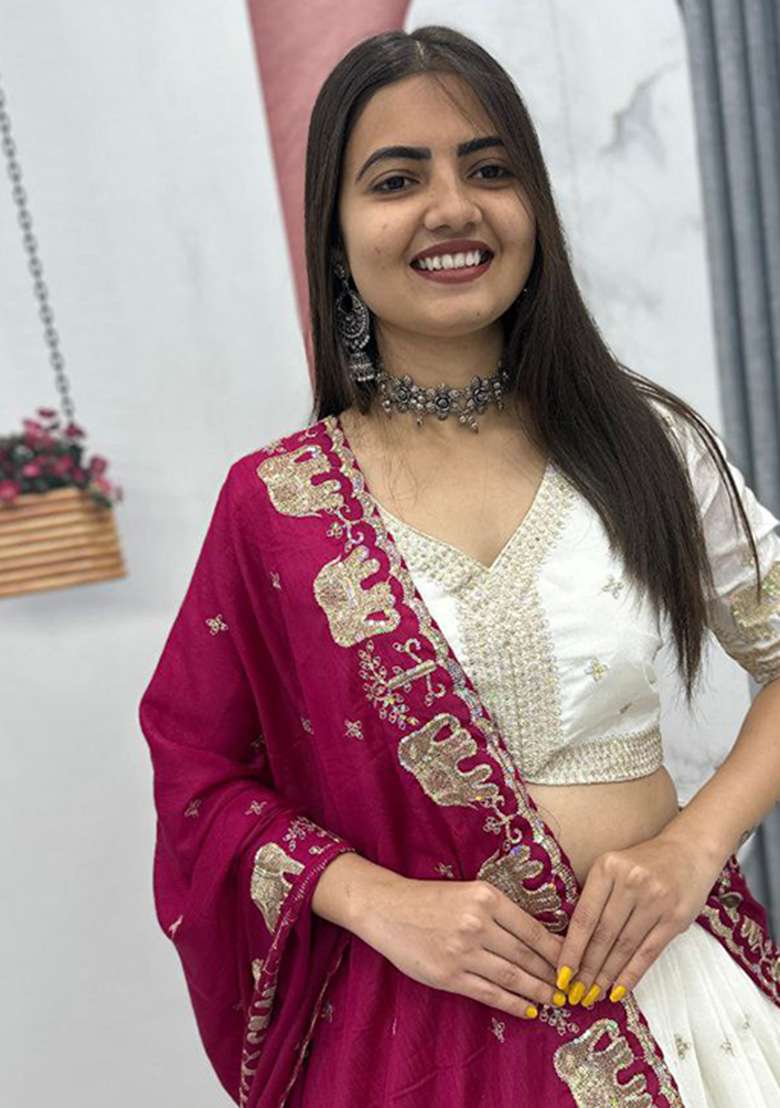 White Embroidery Chinon Lehenga Set for Diwali and Festive Wear - Indya