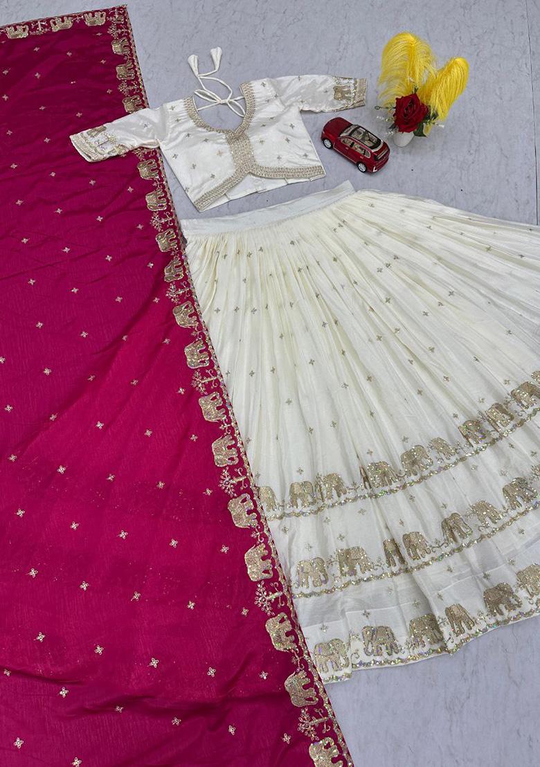 White Embroidery Chinon Lehenga Set - Indya