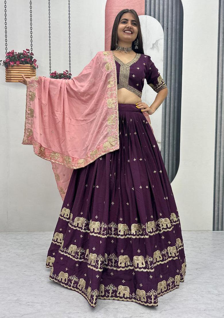 Wine Embroidery Chinon Lehenga Set - Indya