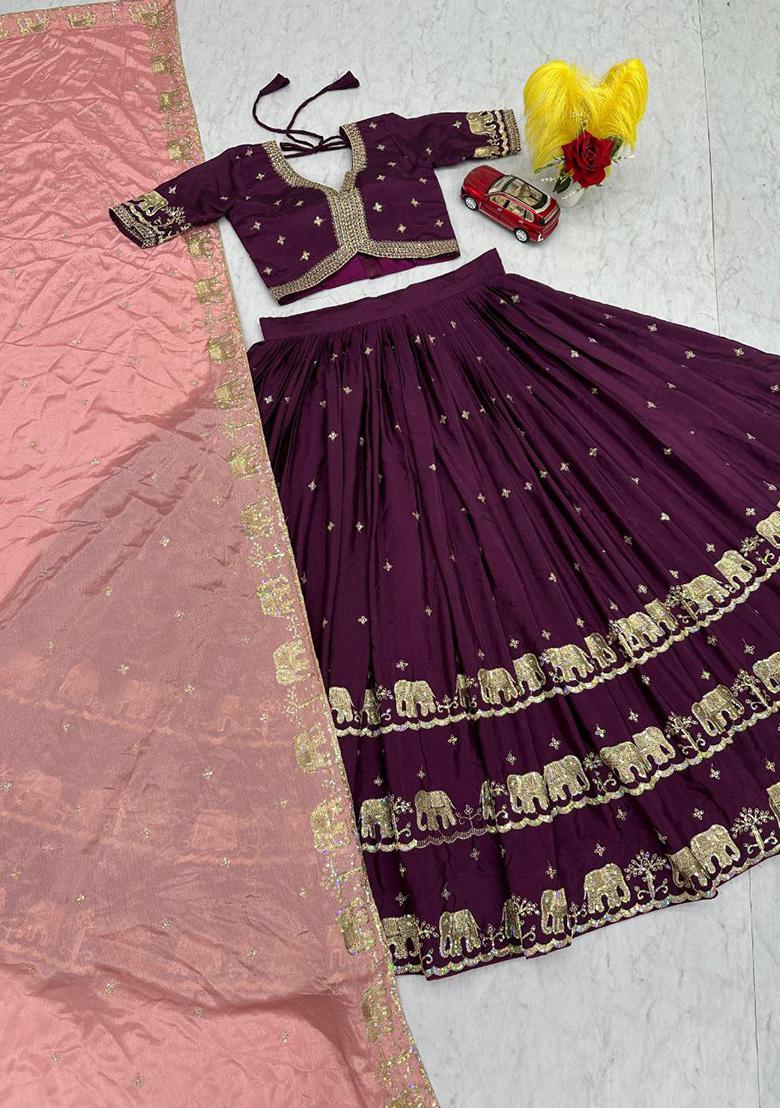 Wine Embroidery Chinon Lehenga Set - Indya