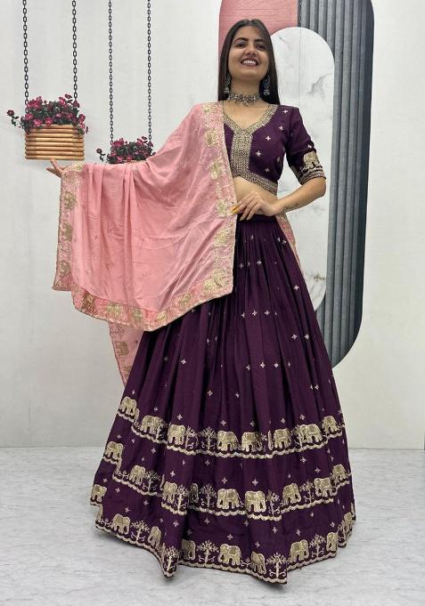 Wine Embroidery Chinon Lehenga Set