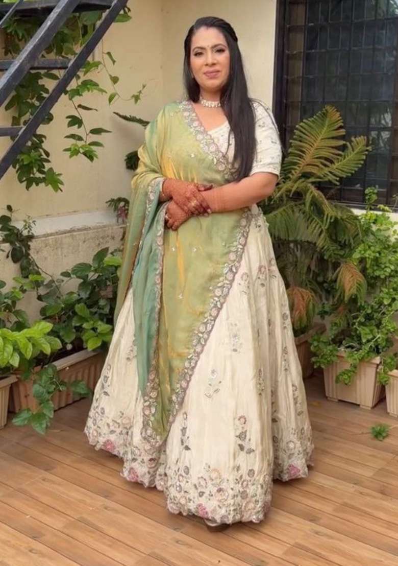 White Chinon Lehenga Set with Embroidery for Diwali | Wedding & Festive Wear - Indya