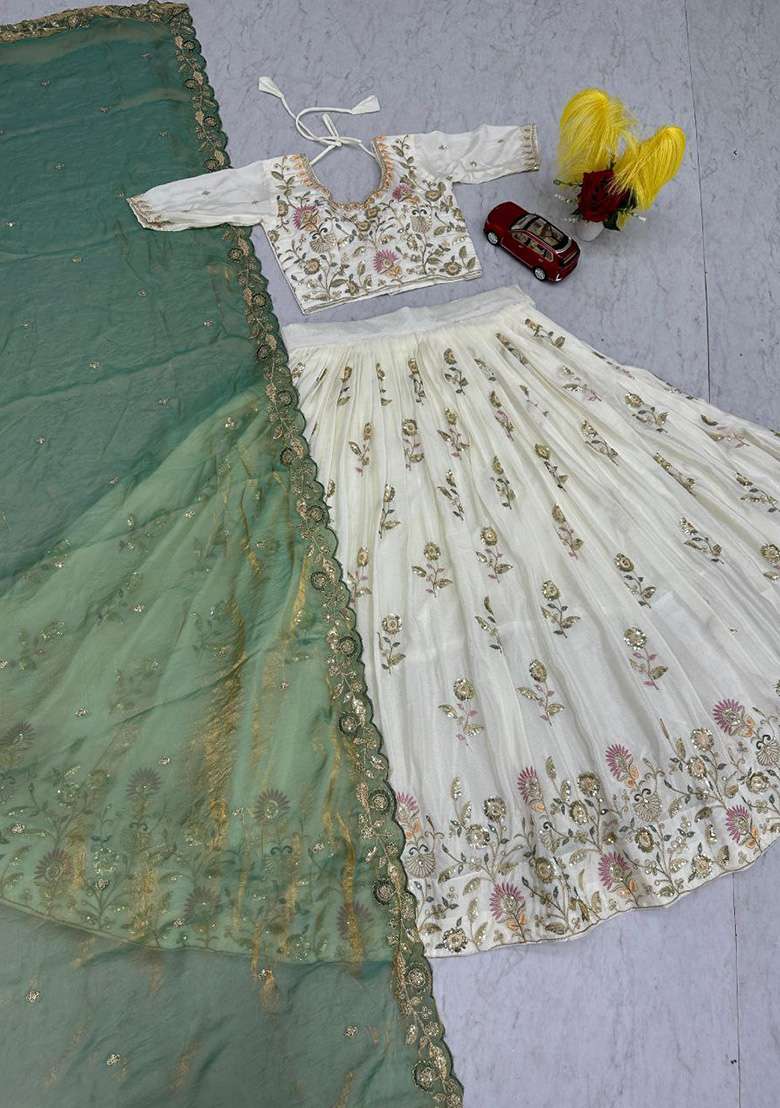 White Chinon Lehenga Set with Embroidery for Diwali | Wedding & Festive Wear - Indya