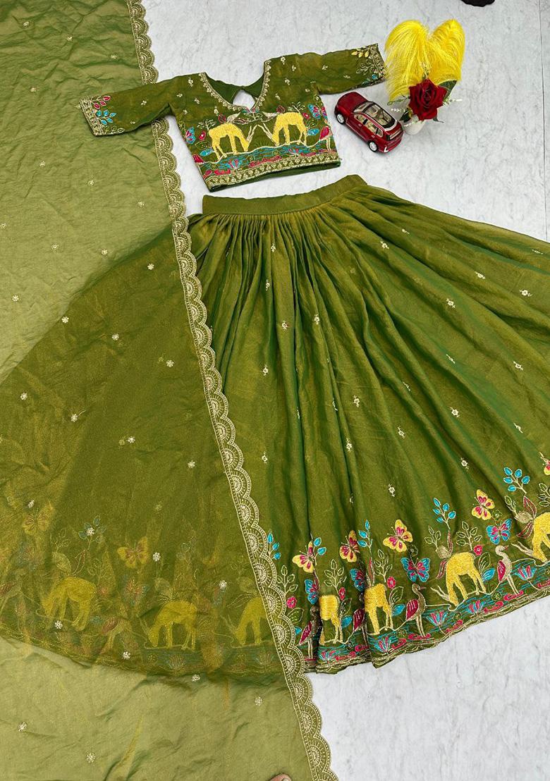 Green Embroidery Moss Simar Lehenga Set - Indya
