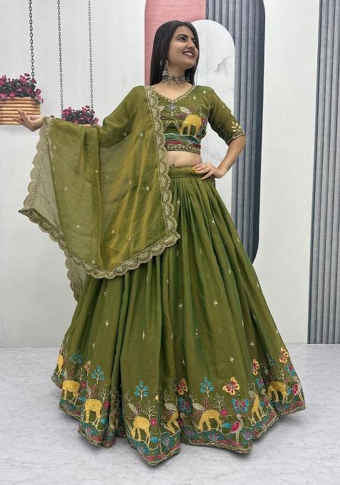 Green Embroidery Moss Simar Lehenga Set