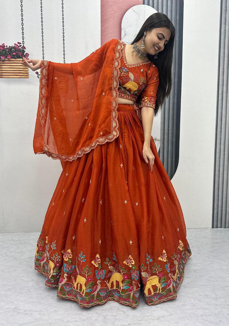 Orange Embroidery Moss Simar Lehenga Set - Indya