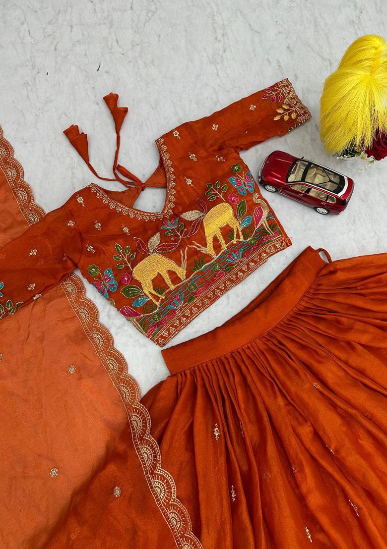 Orange Embroidery Moss Simar Lehenga Set - Indya