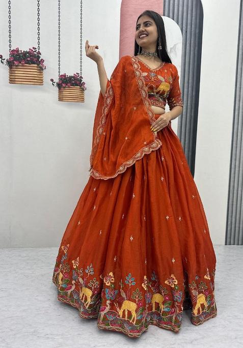 Orange Embroidery Moss Simar Lehenga Set