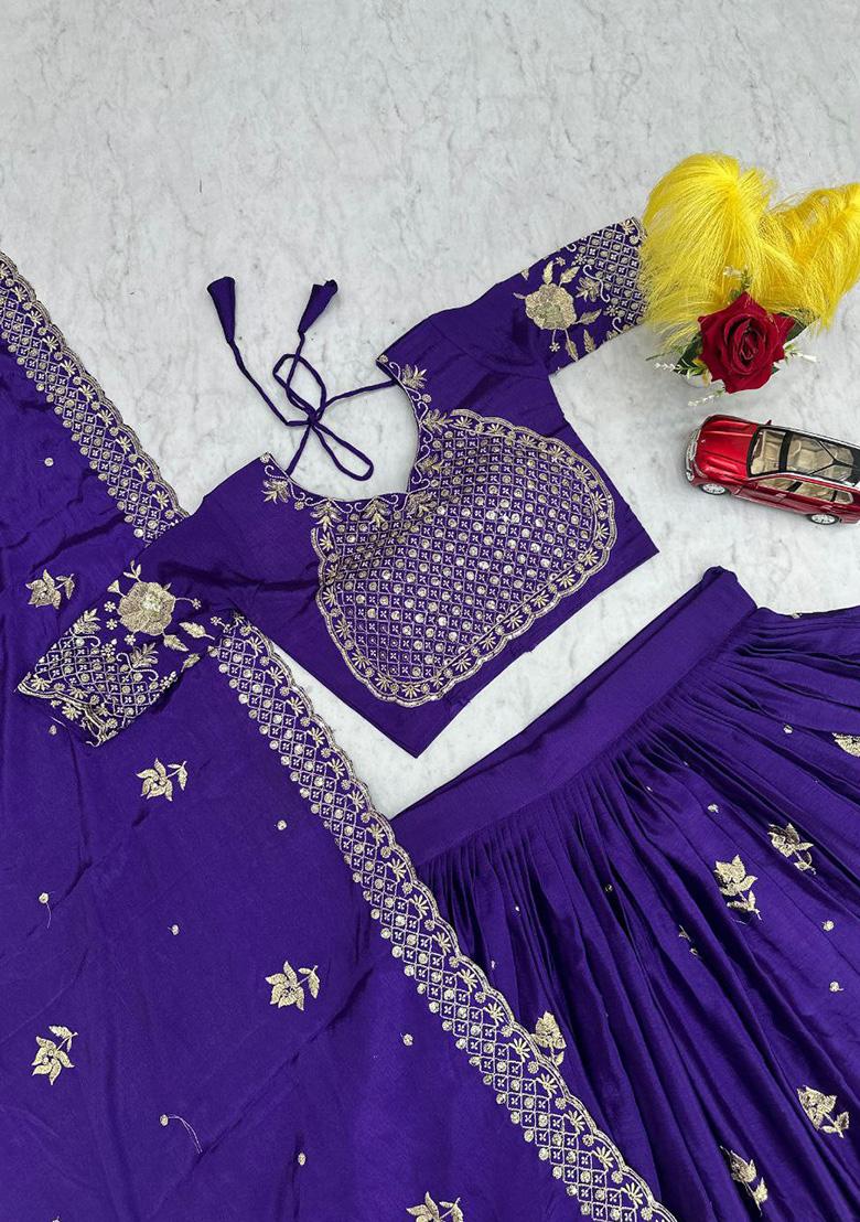 Purple Embroidery Chinon Lehenga Set - Indya