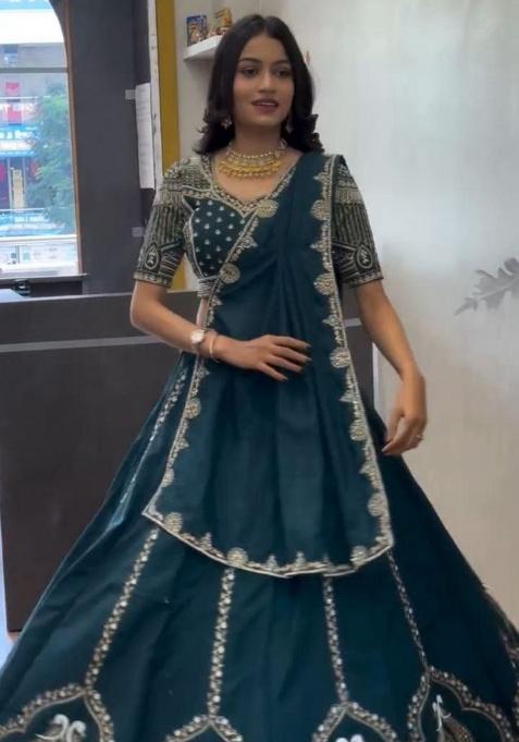 Teal Embroidery Chinon Lehenga Set