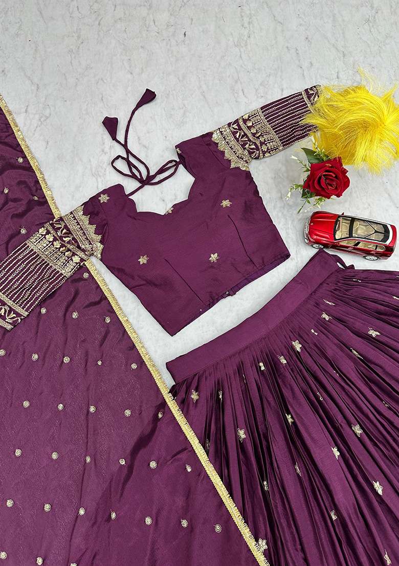 Wine Chinon Lehenga Set with Embroidery for Diwali | Wedding & Festive Wear - Indya