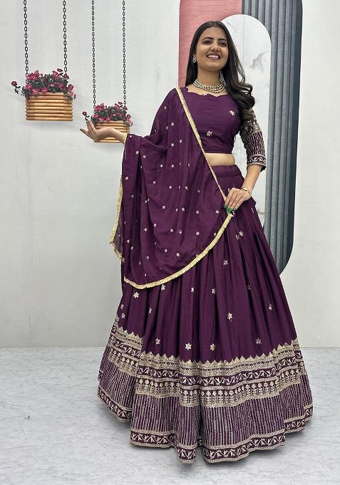 Wine Embroidery Chinon Lehenga Set