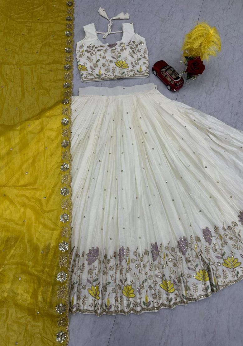 White Embroidery Chinon Lehenga Set - Indya