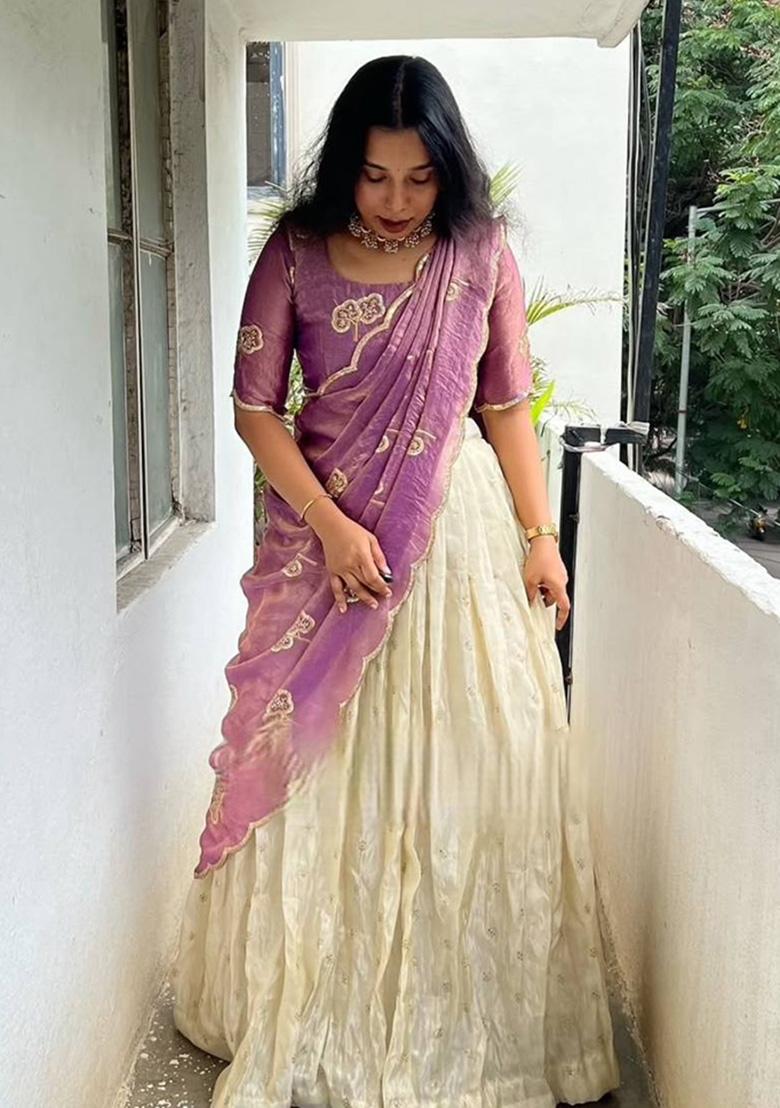 White Sequence Silk Lehenga Set - Indya