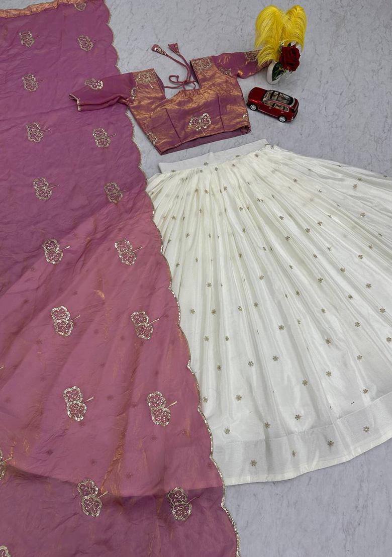 White Sequence Silk Lehenga Set - Indya