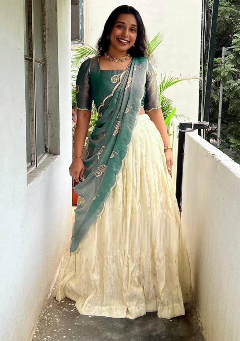 White Sequence Silk Lehenga Set - Indya