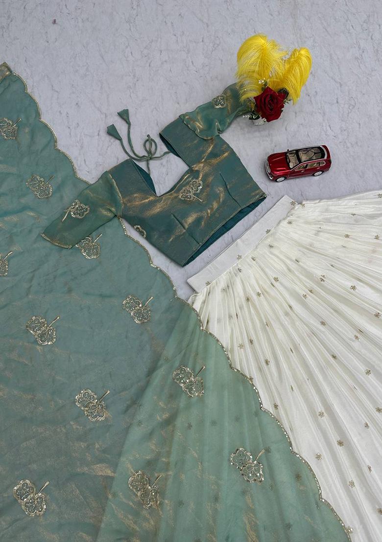 White Sequence Silk Lehenga Set - Indya