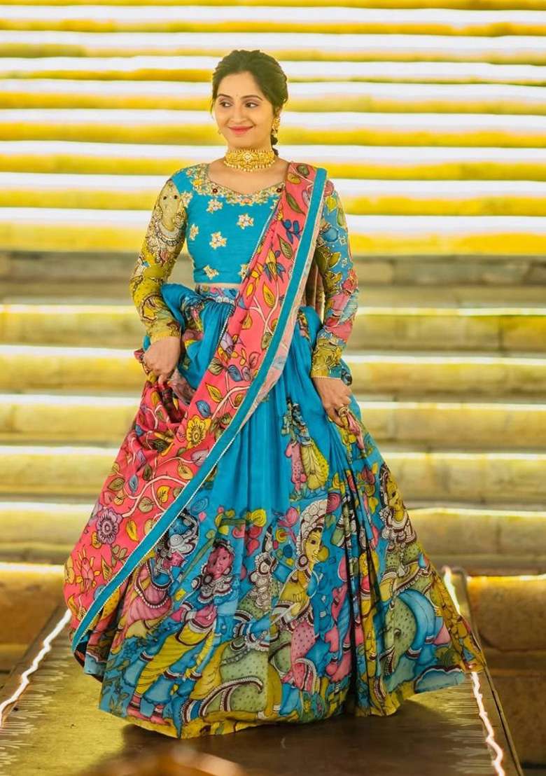 Blue Cotton Lehenga Set with Embroidery for Diwali | Wedding & Festive Wear - Indya